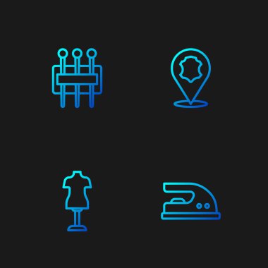 Elektrik demirini, mankeni, dikiş ve deri için iğneyi ayarla. Renk simgeleri. Vektör.