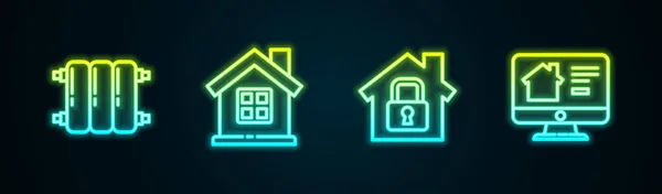 设置线暖气散热器 在保护和在线房地产房子 发光的霓虹灯图标 — 图库矢量图片
