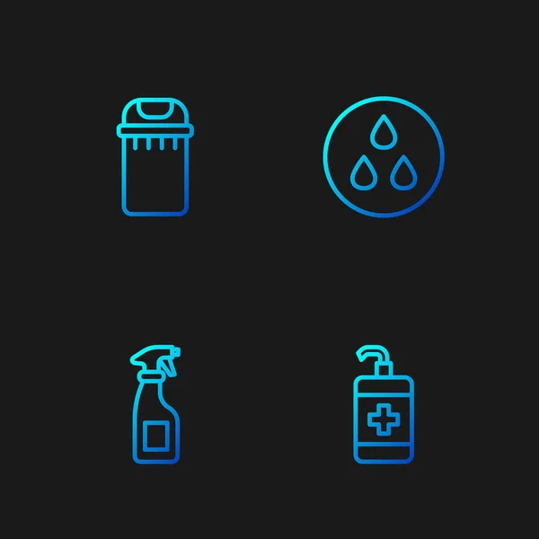 Set Line Händedesinfektionsflasche Reinigungsspray Mülleimer Und Wassertropfen Farbverlauf Symbole Vektor — Stockvektor