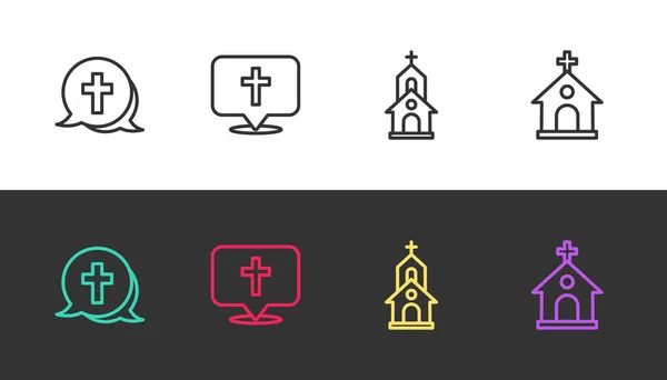 Définir Ligne Croix Chrétienne Emplacement Église Bâtiment Église Sur Noir — Image vectorielle
