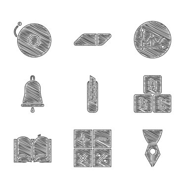 Kırtasiye bıçağı Calculator Fountain kalem ucu ABC blokları Açık kitap zil grafiği şeması ve alarm simgesi çizelgesi ayarla. Vektör.