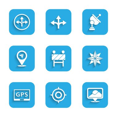 Yol engeli hedef spor konumu rüzgar gülü GPS cihazını harita radarı ve trafik işareti simgesi ile ayarla. Vektör.