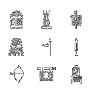 Ortaçağ bayrak sokak tabelasını, tahta kılıç yayı ve ok Cellat maskesi ve kale kapısı ikonu ile kurun. Vektör.