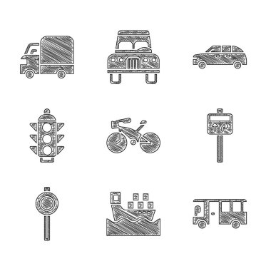 Bisiklet kargo gemisini otobüs yolu trafik levhası trafik ışığı arabası ve kargo kamyonu ikonu kutularıyla ayarla. Vektör.