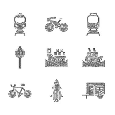 Kargo gemisini roket ateşi karavan kampı bisiklet hız limitli tren, tren ve ikon kutularıyla ayarlayın. Vektör.