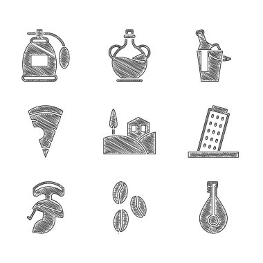 Mandolin Kulesi 'nin kahve çekirdekleri Pisa Roma ordu kaskı dilimlenmiş pizza şişesi şarap kovası ve parfüm ikonu. Vektör.