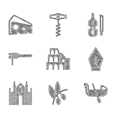 Roma 'da Kolezyum, zeytin dalı Gondola Pope şapkası Milan Katedral Makarna, spagetti, keman ve peynir ikonu. Vektör.