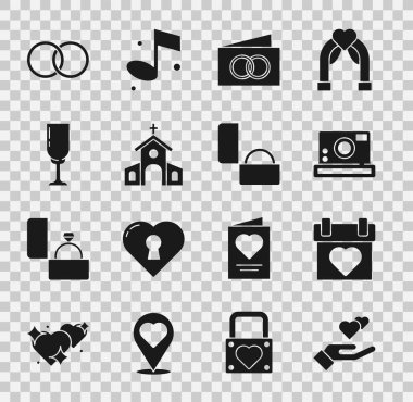 Takvim Kamerası Fotoğraf Kartı Kilisesi şampanya kadehleri evlilik yüzükleri ve elmas nişan ikonu inşa ediyor. Vektör.