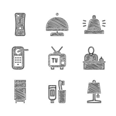 Retro tv diş fırçası ve diş macunu masa lambası resepsiyon masası buzdolabı dijital kapı kilidi servis zili ve uzaktan kumanda ikonu ayarla. Vektör.