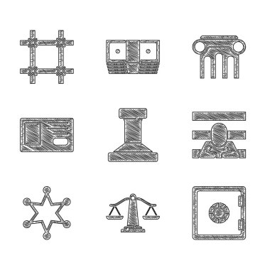 Adaletin Mühür Ölçeği Mahkûm Hexagram Şerif Kimlik Kanunu sütununu ve pencere simgesini ayarla. Vektör.