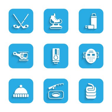 Hokey maskeli helikopter termos konteynırı ve buz hokeyi sopası ikonu için Meteoroloji termometresi Kış Balıkçılık Taşı 'nı hazırlayın. Vektör.