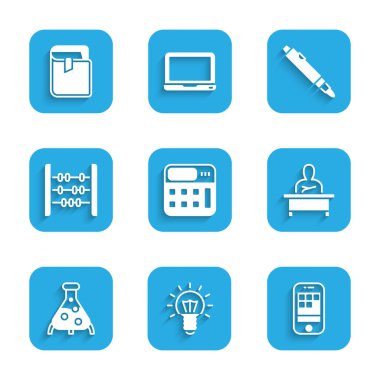 Ampul Ampulü Akıllı Okul Çocuğu masasında oturan test tüpü ve matara Abacus İşaretleyici kalem ve kitap simgesini ayarla. Vektör.