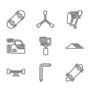 Action kamera aracı allen tuşlar Longboard veya kaykay parkı tekerlekli kaykay tekerleği başlık ve ikon ayarlayın. Vektör.