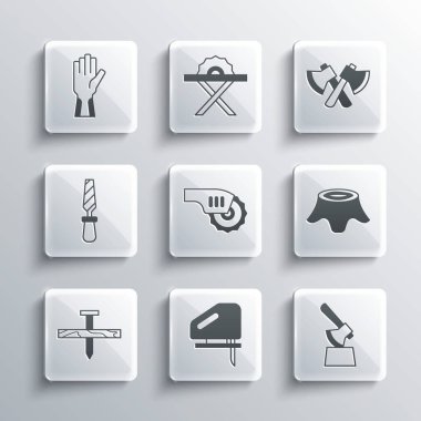 Elektrikli testere tahta baltasını kütük ağacının dairesel metal çivi Rasp metal dosyasına, koruyucu eldivenlere ve ikona yerleştir. Vektör.