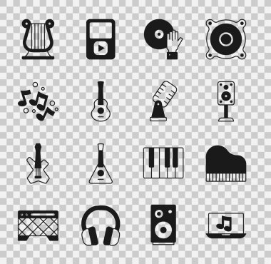 Müzik Grand piano Stereo hoparlörü DJ 'in gitar notası tonuyla Antik Yunan lir ve mikrofon ikonu çalmasıyla dizüstü bilgisayarı ayarla. Vektör.