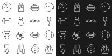 Bowling pimi, tenis topu raket taşı, körling spor oyunu Badminton mekiği Dumbbell Bilardo bilardo bilardosu ve gözlüklü yüzme ikonu için. Vektör.