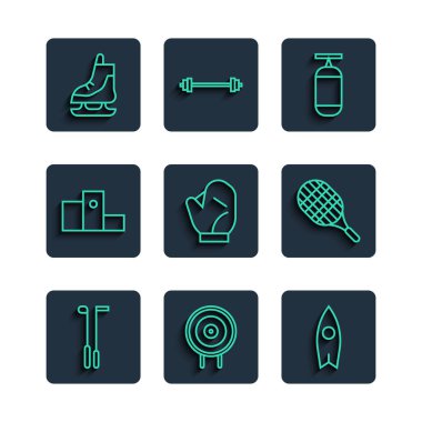 Golf kulübü Target Sörf Tahtası Kum Torbası Beyzbol Eldiveni Ödülü 'nü spor podyumu şampiyonu Patenler ve Tenis raket ikonu için belirleyin. Vektör.