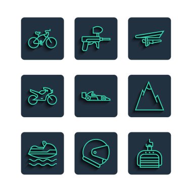 Jet ski Helmet Ski kaldırma planörü Formula 1 yarış arabası motosiklet ve dağ ikonu. Vektör.