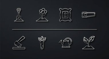 Tahta balta El, havuç saksısını ve bitki ikonu dolu tohum paketini gördü. Vektör.