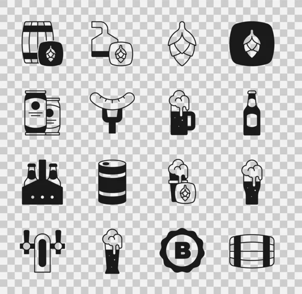 在叉子上放上木桶装的啤酒杯 啤酒瓶 啤酒瓶 酒壶和杯子图标 — 图库矢量图片