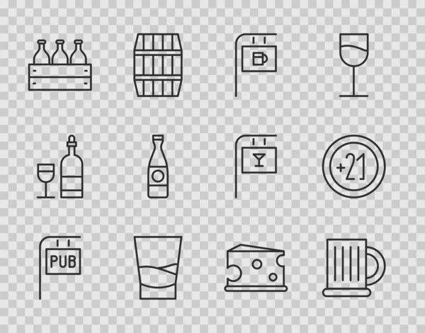 设置一条街标牌与帕布伍登啤酒杯 伏特加酒瓶 木箱啤酒瓶 奶酪和酒精21加图标 — 图库矢量图片