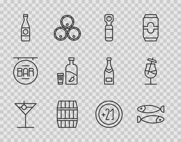 设置系列马提尼玻璃杯炸鱼开瓶器伍登啤酒瓶伏特加与胡椒和酒精21及鸡尾酒图标 — 图库矢量图片