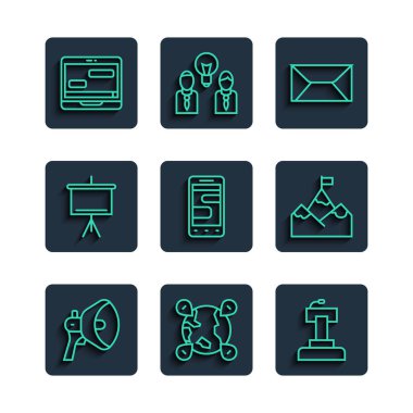 Hat Megaphone Location the globe Stage stand or tribune Envelope Chat Chat laptop and Mountains with flag icon. Vektör.