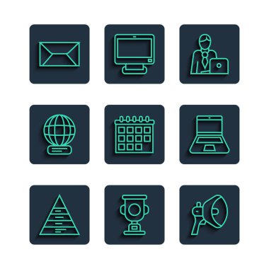 Hat Piramit grafiği bilgi grafiği ödül kupası Megaphone İş adamı Calendar Worldwide Envelope ve Laptop simgesini ayarla. Vektör.