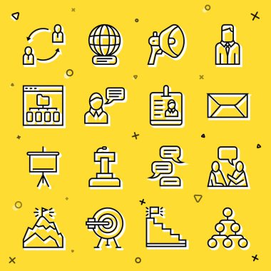 Hiyerarşi organizogramı çizelgesini ayarla. İki adam oturmuş, Envelope Megaphone Konuşma balonu sohbeti yapıyor. Tarayıcı İnsan Kaynakları ve Kimlik rozeti simgesi dosyalarını hazırlıyor. Vektör.