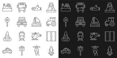 Roket gemisini, Traktör Denizaltı Araç Hız limitli trafik kutuları ve Yat teknesi ikonu ile ayarlayın. Vektör.