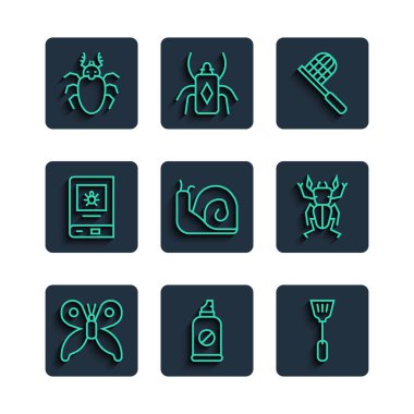 Böceklere karşı Kelebek Spreyi, Böcek geyiği ve ikon hakkındaki böcek ilacı ağ salyangoz kitabına ayarlayın. Vektör.