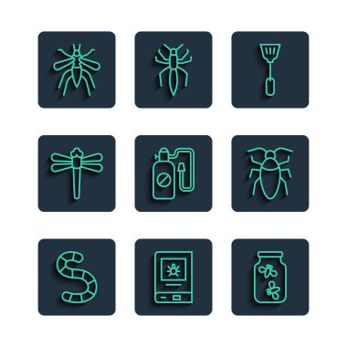 Böcek Ateşböcekleri hakkındaki Solucan Kitabı kavanozu Sinek Ezici Basınç spreyi Dragonfly Sivrisineği ve Hamamböceği ikonu. Vektör.