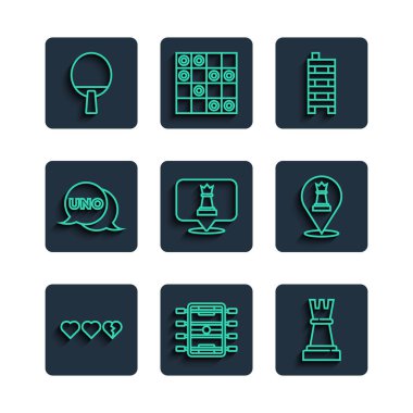 Hokey masası Chess Mahjong 'un Uno kart raketi ve ikonu için satırları ayarlayın. Vektör.