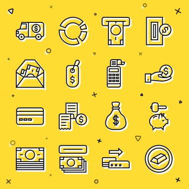 Altın külçeler, Piggy Bank ve çekiç El ATM 'ye dolar sembolü zırhlı kamyon ve kasa ikonu etiketli fiyat etiketi veriyor. Vektör.