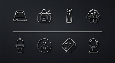 Tuvalet temizleyicisi Bornoz Sünger Suyu damlası sabun temizleme çubuğu makyaj aynası ve temizlik spreyi ikonu için sıra fırçası ayarla. Vektör.