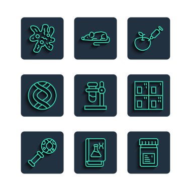 Genetik mühendisliği kitabı kavanozu genetik olarak modifiye edilmiş elma tüpü şişesiyle stand sembolü Hücre ve Periyodik tablo ikonu üzerinde DNA araştırması yap. Vektör.