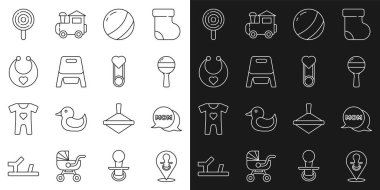 Hattı ayarla, bebek emzik balonu anne çıngıraklı oyuncak plaj topu önlüğü, tuvalet önlüğü lolipop ve mandal ikonu. Vektör.