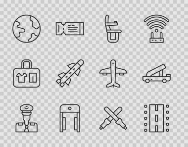 Pilot Havaalanı pist uçak pisti Metal koltuk dedektörünü havaalanı dünya çapındaki Roket Marshalling asaları ve Yolcu merdiveni ikonunda ayarla. Vektör.