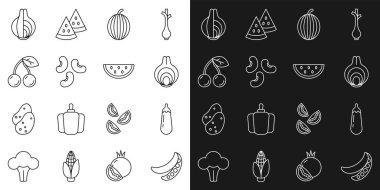 Yeşil bezelyeli patlıcan soğanlı karpuz fasulyeli kiraz ve ikon. Vektör.