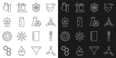 Molekül test tüpü ve matara kalkanını virüs kimyasal patlama ve radyasyon ikonundan koru. Vektör.