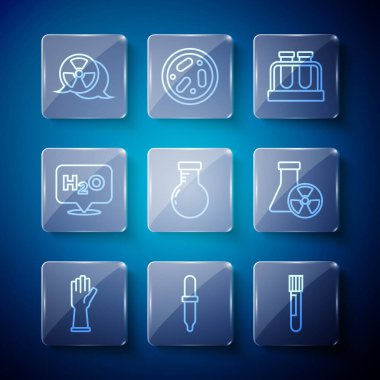 H2O radyoaktif ve radyasyon ikonu için tıbbi lastik eldivenler Pipette test tüpü ve kimyasal matara formülünü hazırlayın. Vektör.