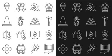 İtfaiye hortumu yerini yangın alevi itfaiyecisi baltası telefonuyla belirleyin 911 'i arayın trafik konisi kovası yok ve üçgen ikonunda. Vektör.