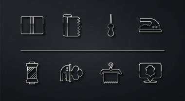 Tekstil kumaş rulo kumaş ipliğini elektrikli elektrikli demir askı elbise dolabı deri ve Awl alet ikonuna yerleştir. Vektör.