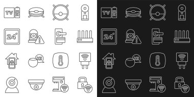 Hat Dijital kapı kilidi akıllı elektrik prizi yönlendirici ve kablosuz ağ sinyali robotu elektrikli süpürge termostat termostat çoklu ortam TV kutusu alıcısı ve simgesi ayarlayın. Vektör.