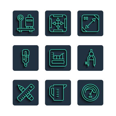 Çizgiyi çapraz cetvel ve kalem ölçme kabı Hız Ölçer Çapraz Graf çizelgesi şeması bavul ve çizim pusula simgesi ile Tıbbi termometre ölçeklendirmesini ayarla. Vektör.