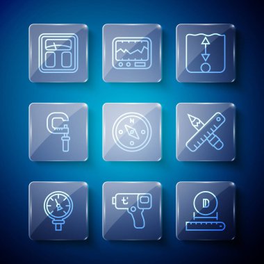 Basınç ölçer Dijital Termometre Derinlik Pusula Ölçüm Pusula Mikrometre Banyo ölçekleri çapraz cetvel ve kalem ikonu ayarlayın. Vektör.