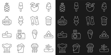 Yol trafik levhası turist çadırı bira kupası hindistan cevizi kokteyli mayo panosu yüzme ikonu olarak da Otel Pineapple ve Rubber paletleri. Vektör.