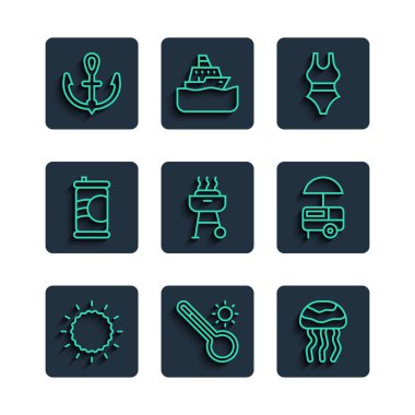 Güneş Meteorolojisi termometre termometresi denizanası mayo ızgara ızgara soda konservesi anchor ve Fast sokak yemek arabası ikonu. Vektör.