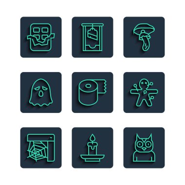 Örümcek Ağı Yakan Mum Baykuş Psilocybin Mantar Mantar Tuvalet kağıdı rulo Hayalet Çikolata ve Voodoo bebek ikonu. Vektör.