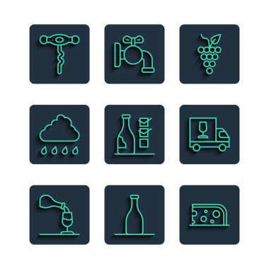 Şarap tadımlık şarap şişesi yağmur tirbuşonlu ve kamyon ikonlu Cheese Bunch üzümlü bulut. Vektör.